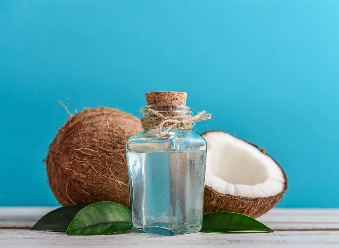 coconuts with clear glass bottle of coconut oil or MCT medium chain triglyerides oil