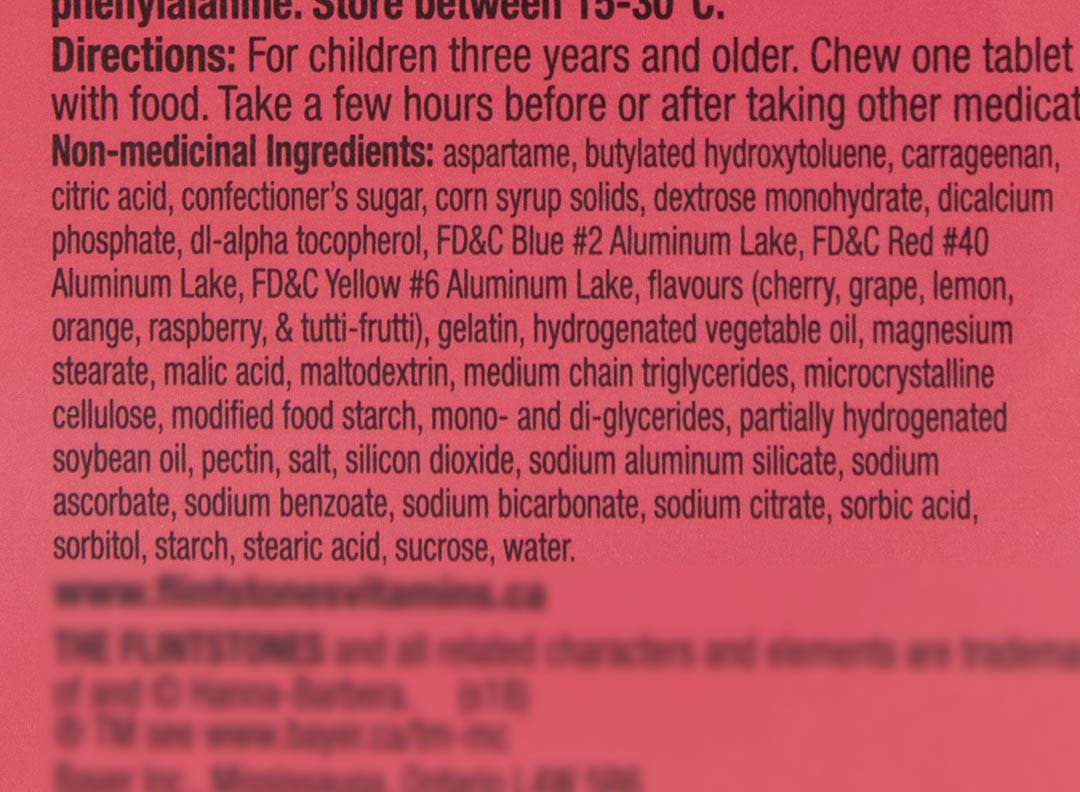 sample kids vitamin label #3 with lots of nonmedicinal ingredients, including aspartame, butylated hydroxytoluene, carrageenan, citric acid, confectioner's sugar