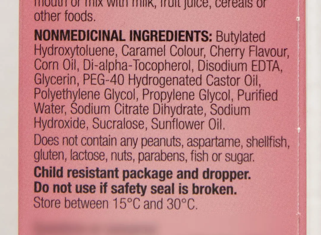 sample kids vitamin label #1 with lots of nonmedicinal ingredients, including butylated hydroxytoluene, caramel colour, cherry flavour, corn oil, di-alpha-tocopherol