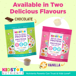 La protéine tout-en-un KidStar est disponible en deux délicieuses saveurs : chocolat et vanille.