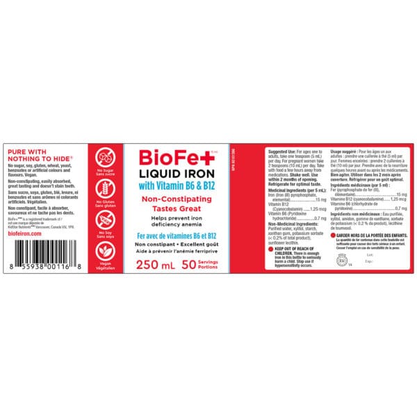 Fer liquide BioFe+ avec étiquette plate B6 et B12