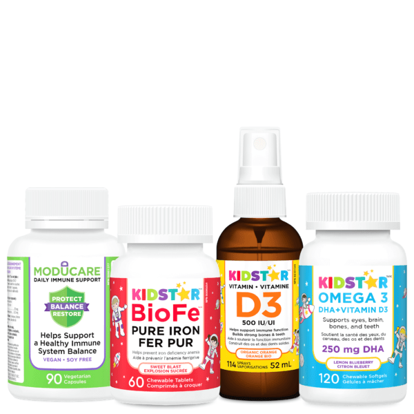 KidStar Immunity+ Bundle with Moducare capsules, BioFe chewable, Vitamin D3 spray, Omega 3 softgels