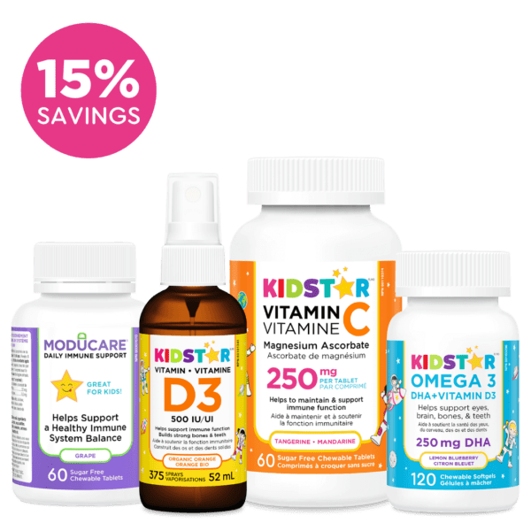 KidStar Immunity Plus bundle, vitamin C, vitamin D3, omega 3, Moducare grape chew