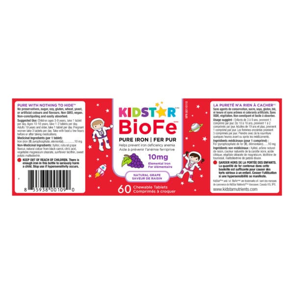 KidStar BioFe pure iron chewable grape label 10 mg