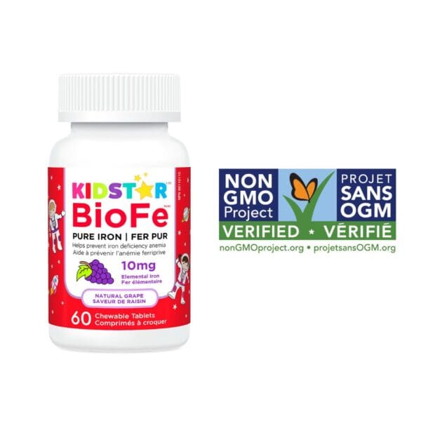 KidStar Nutrients BioFe grape chewable tablets, Non-GMO Project verified