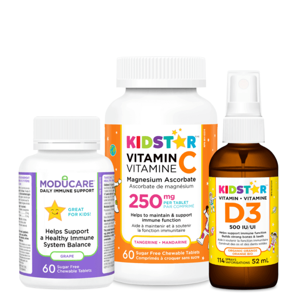 KidStar Immunity Bundle avec raisin Moducare, vitamine C et spray de vitamine D3