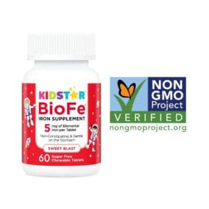 Comprimés à croquer KidStar Nutrients BioFe Pure Iron, projet sans OGM vérifié