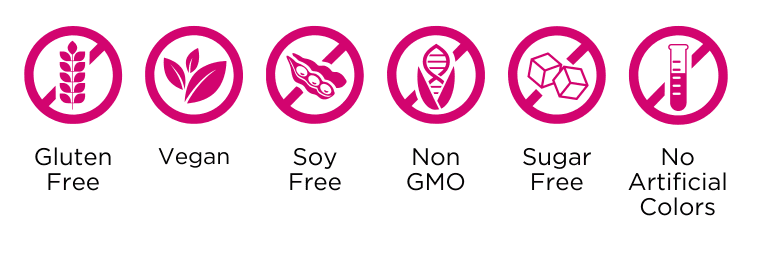 gluten free, vegan, soy free, non-GMO, sugar free, no artificial colors