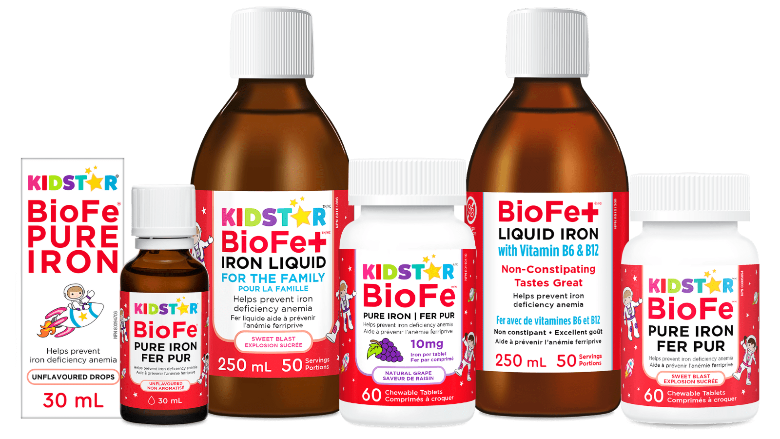 Gamme de produits BioFe Iron, comprenant BioFe à croquer, BioFe Grape à croquer, BioFe gouttes de fer pur, BioFe+ fer liquide pour la famille et BioFe+ Liquid Iron avec B6 et B12.