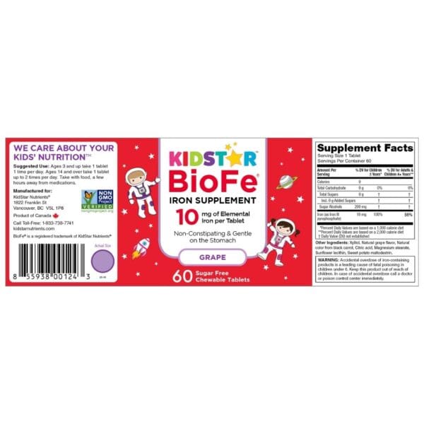Comprimés à croquer KidStar Nutrients BioFe au fer pur, raisin, étiquette plate