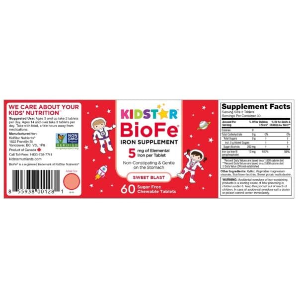 KidStar Nutrients BioFe Pure Iron chewable tablets, flat label