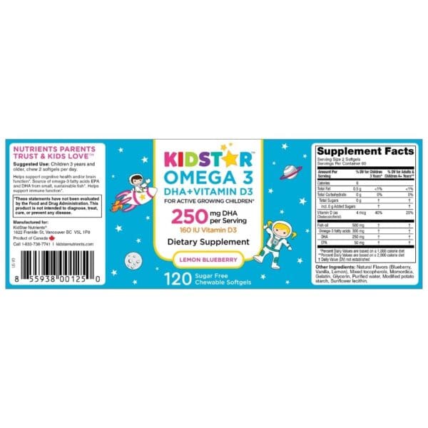 KidStar Nutrients Omega 3 softgels, flat label