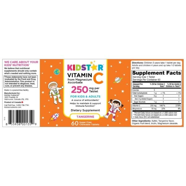 KidStar Nutrients Vitamin C Chewable Tablet, flat label
