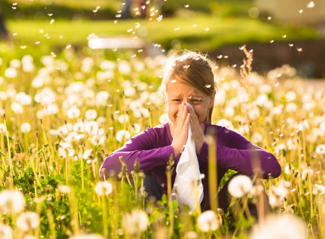 girl standing in field of flowers, blowing her nose, while surrounded by pollen