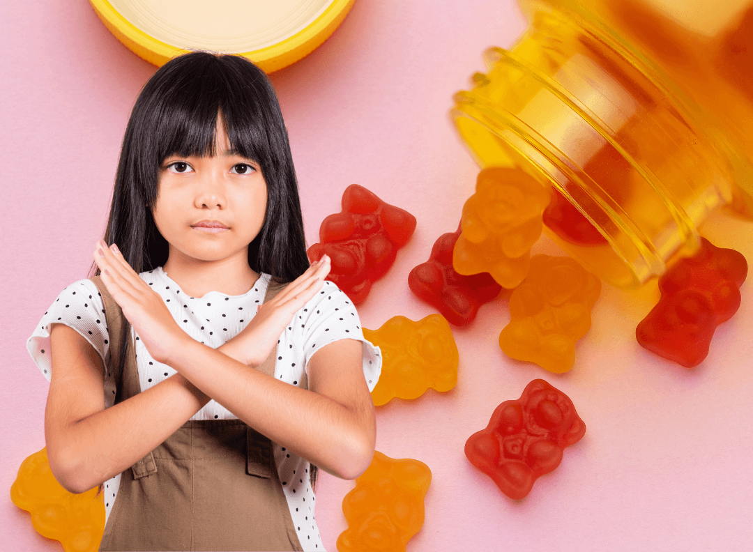 girl with her arms crossed in front of her, superimposed in front of closeup image of gummy vitamins