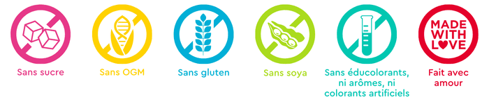 Sans sucre, sans OGM, sans gluten, sans soja, sans colorants, arômes ou édulcorants artificiels, fabriqué avec amour