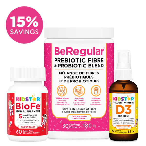 KidStar Star Digestion bundle, with BeRegular, BioFe chewable tablets, and Vitamin D3 spray