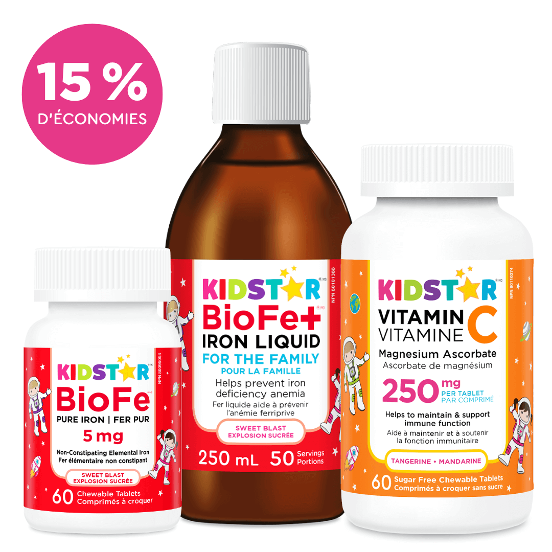 Le Pack Fer Plus comprend Fer pur à croquer BioFe (60 comprimés), Liquide de fer BioFe+ (250 ml), et Comprimés à croquer de vitamine C (60 comprimés).