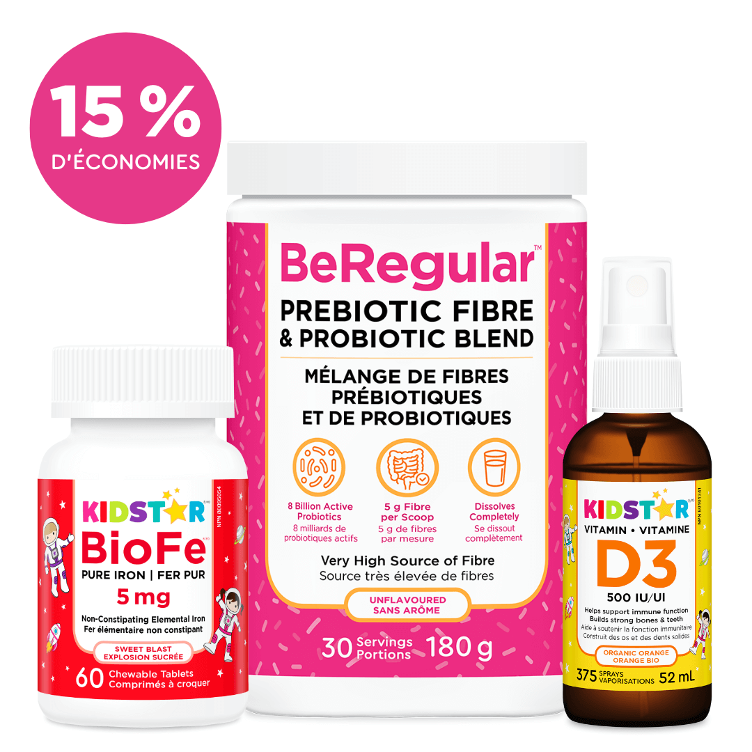 Le Pack de digestion d'étoiles comprend Fer pur BioFe (60 comprimés à croquer), Soyez régulier (180 grammes), et Vitamine D3 en vaporisateur (52 ml).