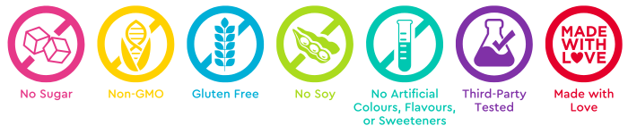 No sugar, Non-GMO, Gluten free, No soy, No artificial colours, flavours, or sweeteners, Made with Love