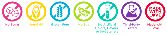 No sugar, Non-GMO, Gluten free, No soy, No artificial colors, flavors, or sweeteners, Made with Love