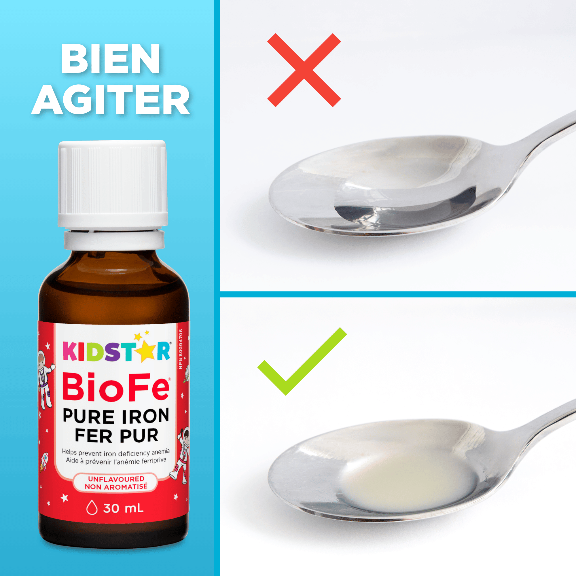 Bien agiter les gouttes de fer BioFe ; une fois bien mélangées, elles ont un aspect trouble.